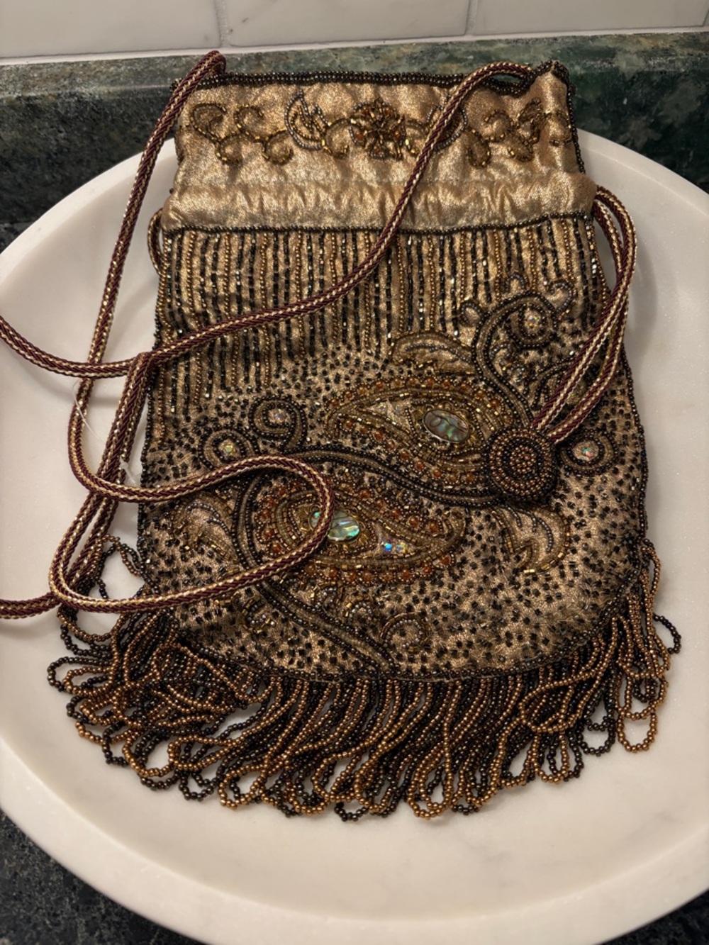 Gold Beaded Evening Drawstring Bag - Elegant Women's Shoulder Pouch